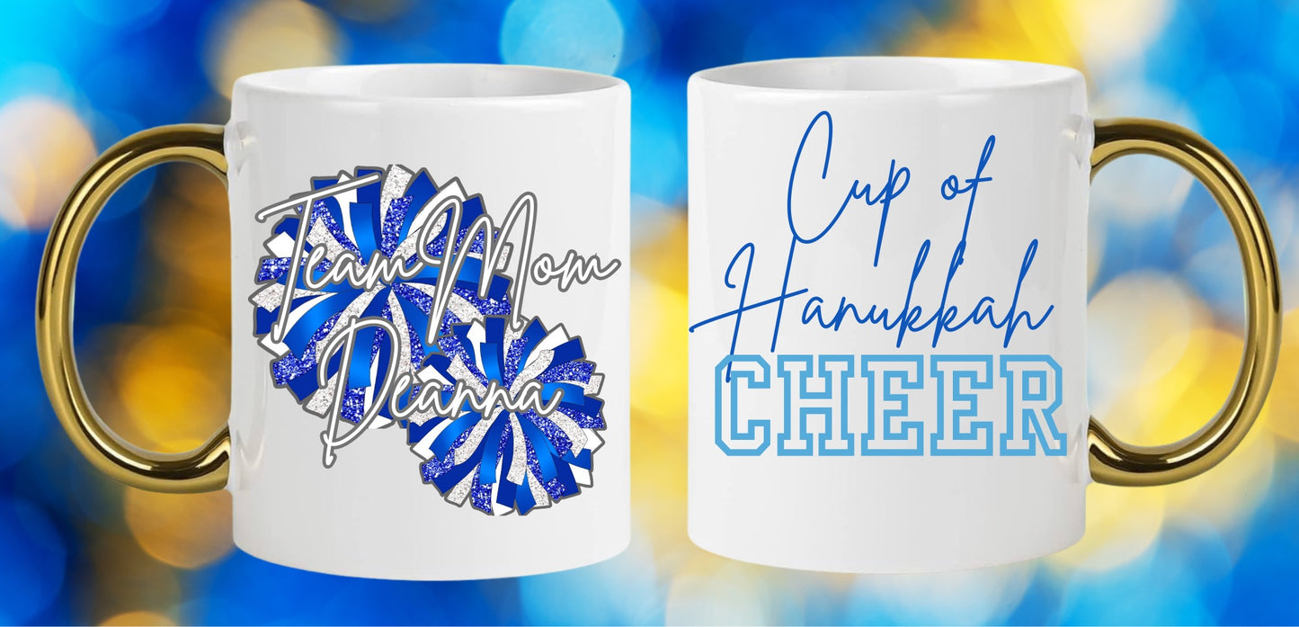 Personalized Hanukkah Pom Pom Cheer Gold Handle Mug Holiday 2024