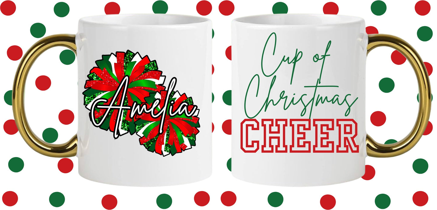 Personalized Christmas Cheer Pom Pom Gold Handle Mug Holiday 2024