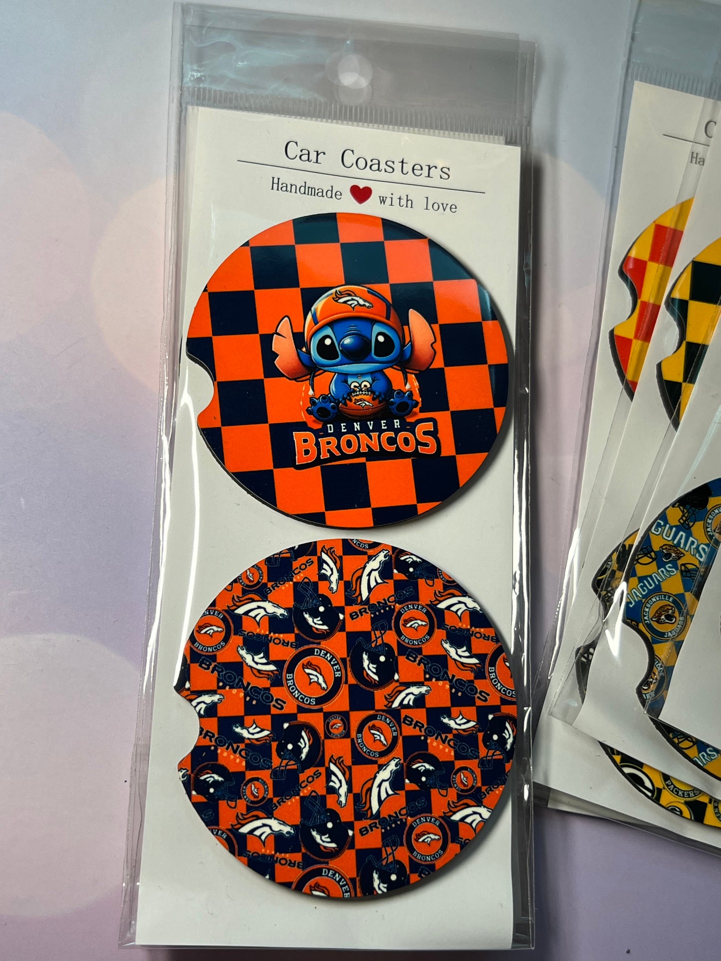 Stitch-Inspired NFL Car Coasters – Absorbent Wood, Universal Fit, All Teams Available