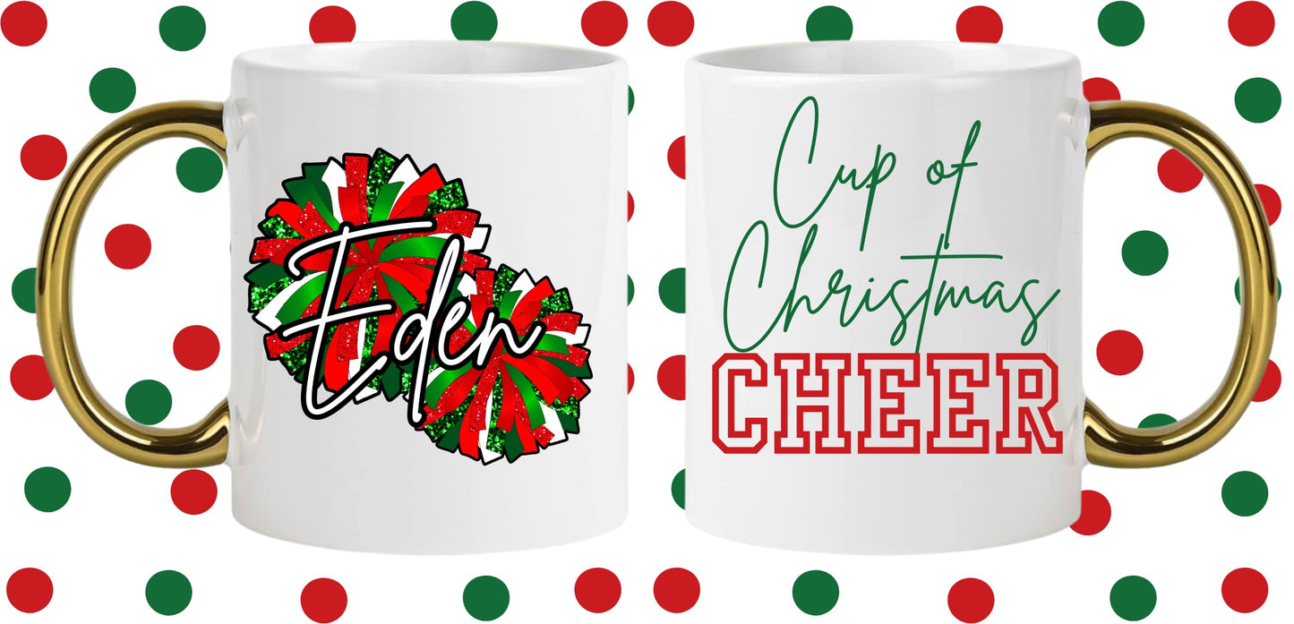 Personalized Christmas Cheer Pom Pom Gold Handle Mug Holiday 2024