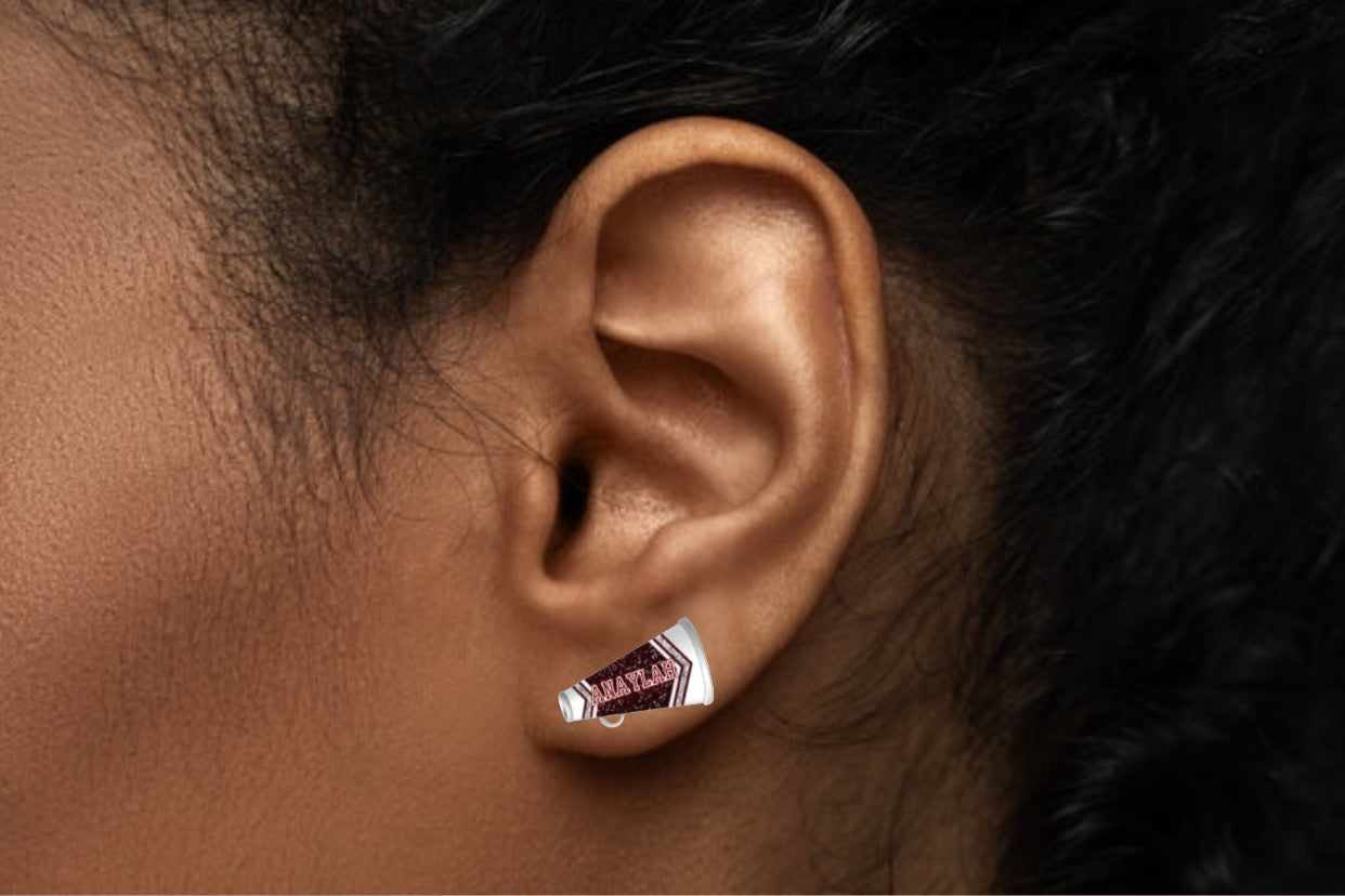 Custom Mini Cheer Pom Pom, Megaphone, Team Megaphone Stud Earrings Personalized