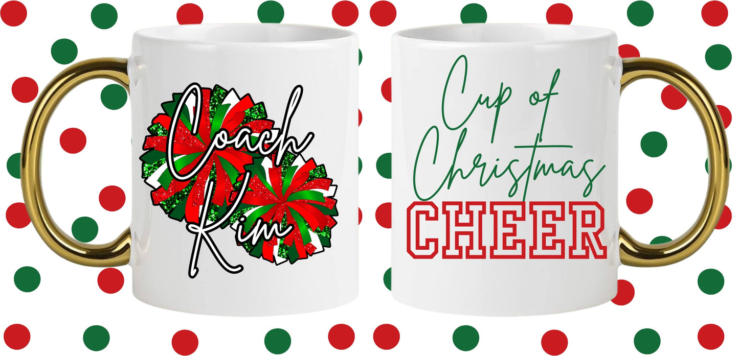 Personalized Christmas Cheer Pom Pom Gold Handle Mug Holiday 2024