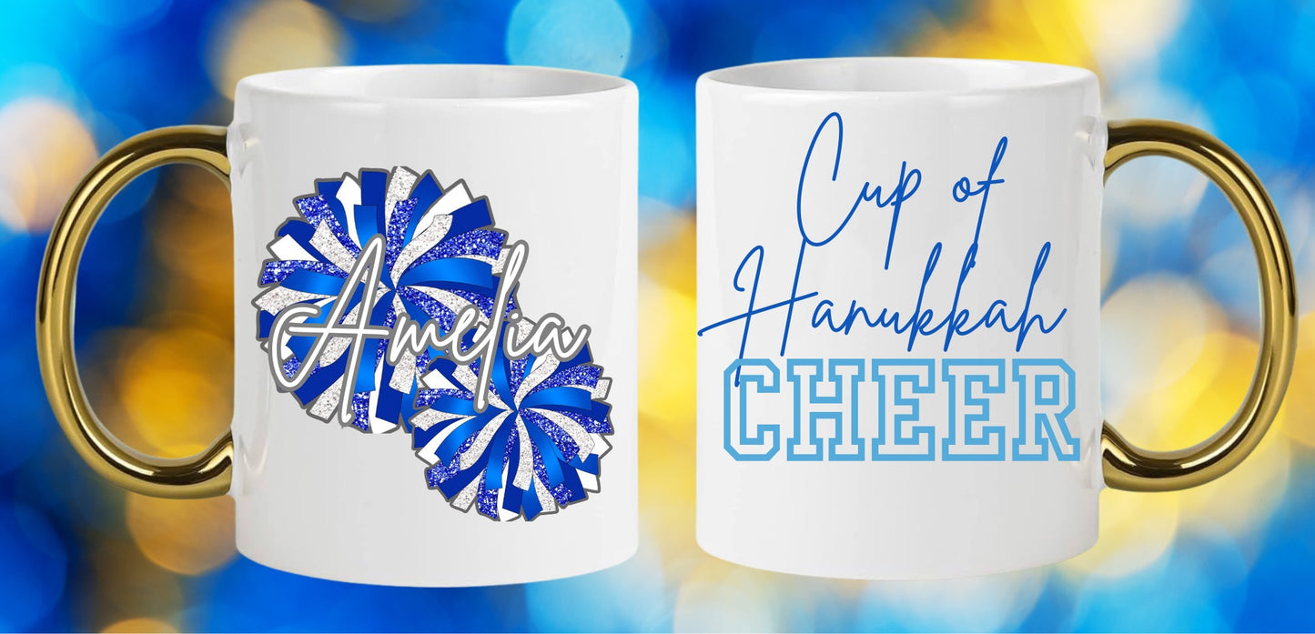 Personalized Hanukkah Pom Pom Cheer Gold Handle Mug Holiday 2024