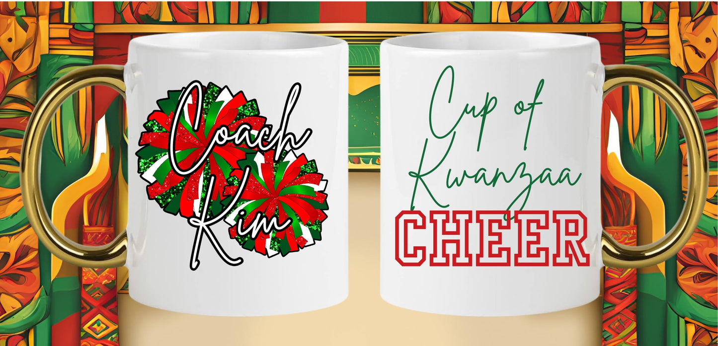 Personalized Kwanzaa Pom Pom Cheer Gold Handle Mug Holiday 2024