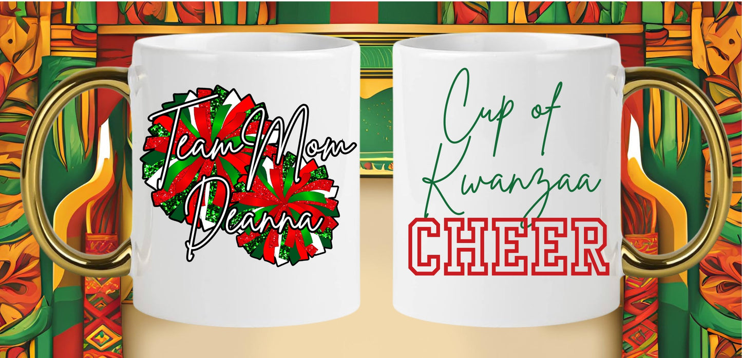Personalized Kwanzaa Pom Pom Cheer Gold Handle Mug Holiday 2024