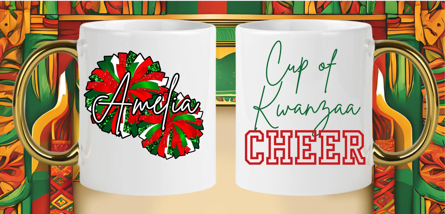 Personalized Kwanzaa Pom Pom Cheer Gold Handle Mug Holiday 2024