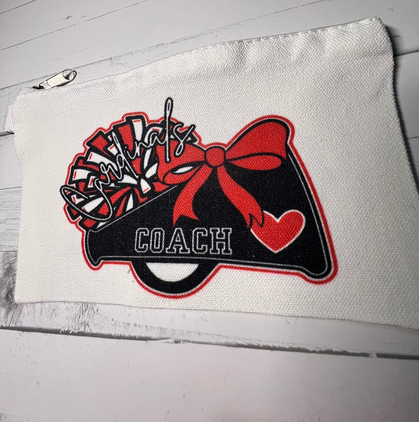 Megaphone Bow Style Mascot Name Personalized Sublimated Canvas Pouch, Cheer, Football, Basketball