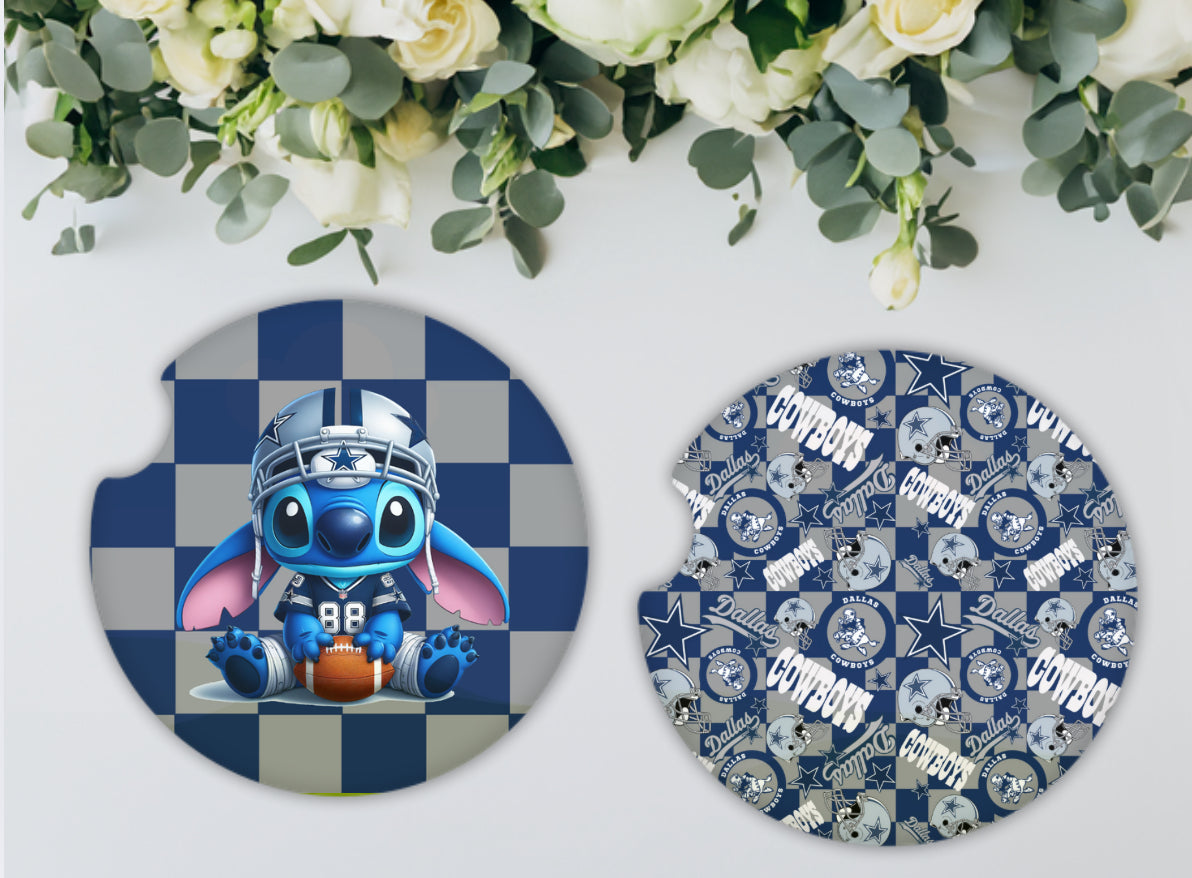 Stitch-Inspired NFL Car Coasters – Absorbent Wood, Universal Fit, All Teams Available