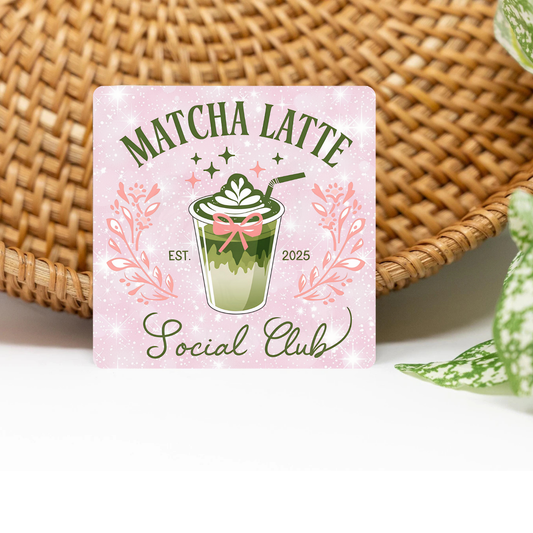 Matcha Social Club Glittered 3x3 Flat Fridge Magnet, Locker Magnet