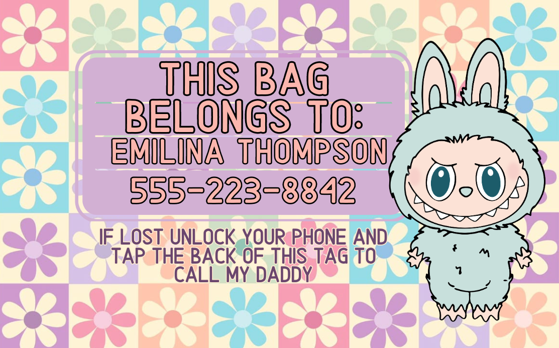 Children's bag tag with cartoon character on a floral background