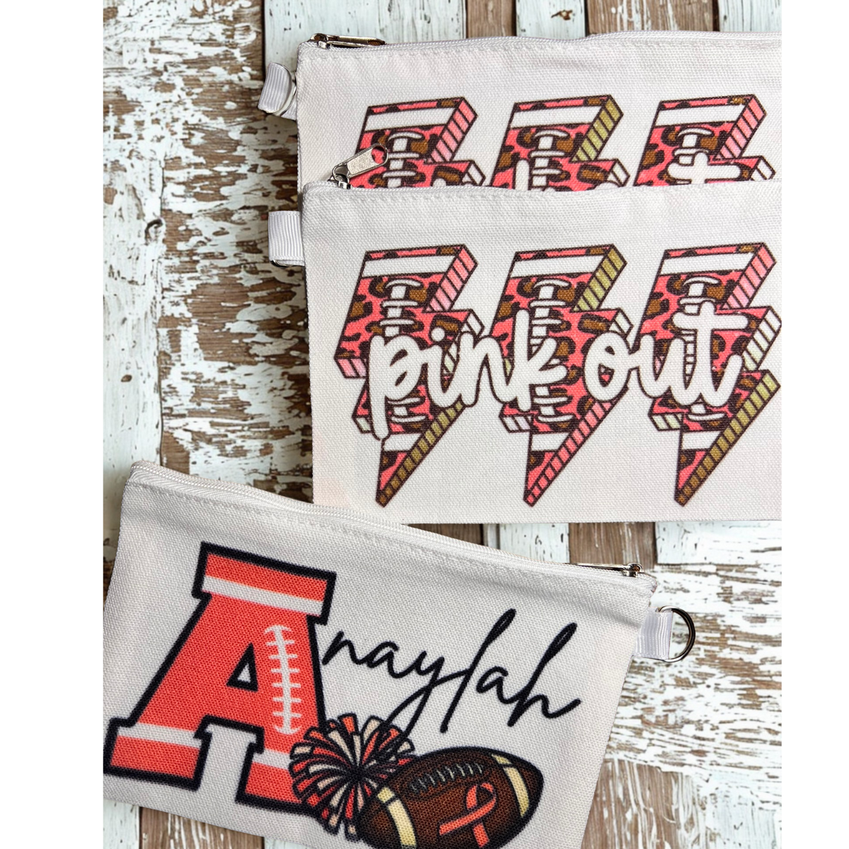 Pink Out Style Personalized Sublimated Canvas Pouch, Cheer, Football, Basketball