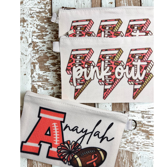 Pink Out Style Personalized Sublimated Canvas Pouch, Cheer, Football, Basketball