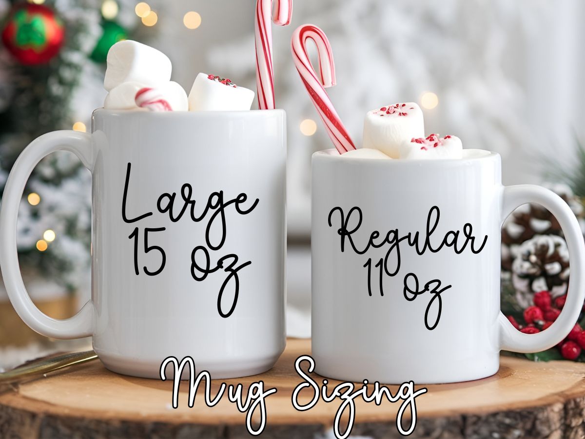 Two white mugs with text indicating size and hot chocolate toppings on a wooden surface.