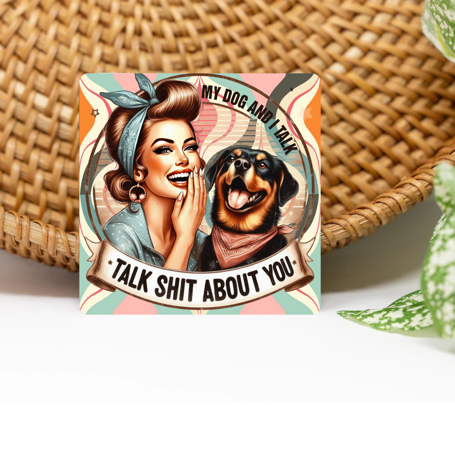 Retro Sassy My Dog and I Glittered 3x3 Flat Fridge Magnet, Locker Magnet