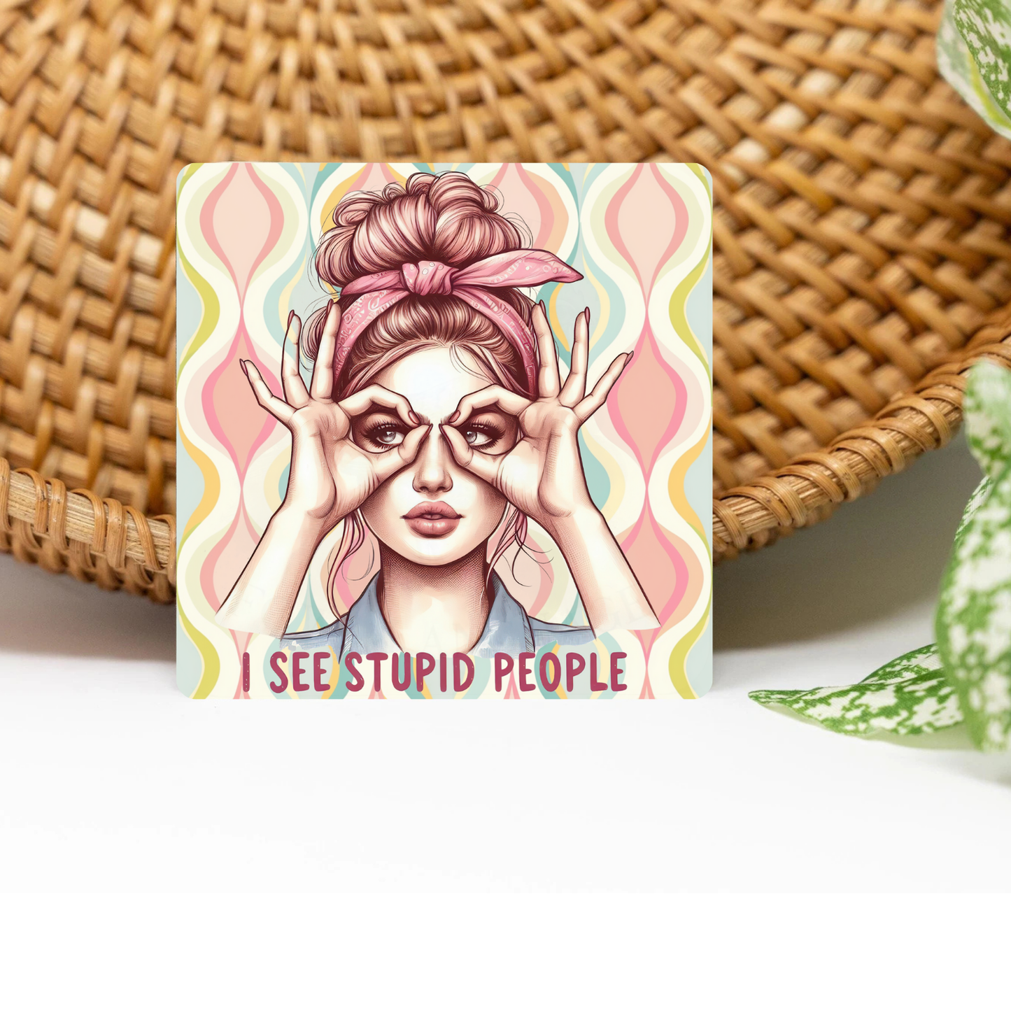 Retro Sassy I See Stupid People Glittered 3x3 Flat Fridge Magnet, Locker Magnet