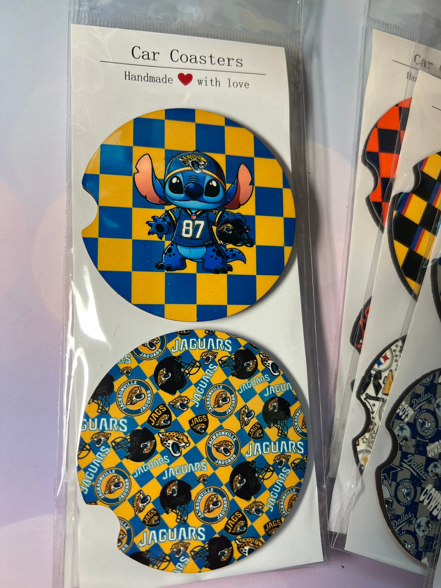 Stitch-Inspired NFL Car Coasters – Absorbent Wood, Universal Fit, All Teams Available