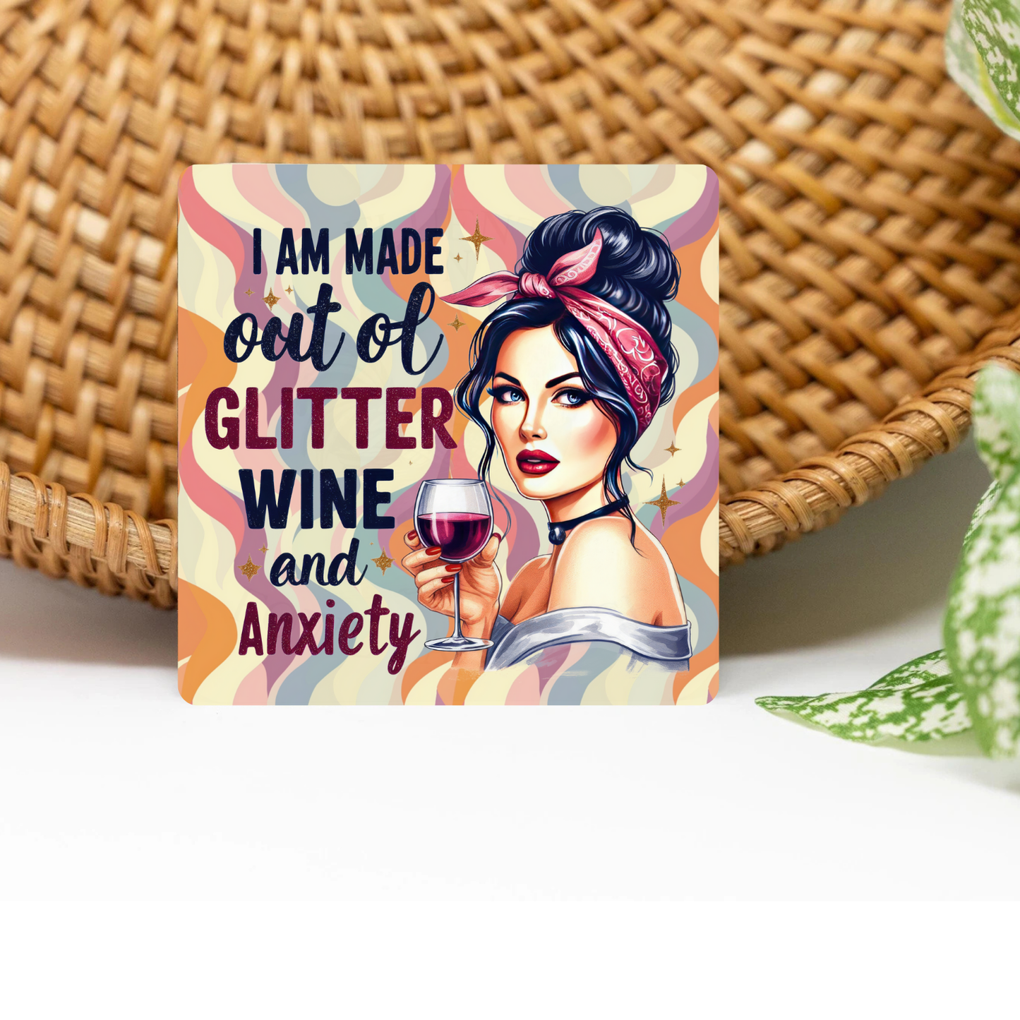 Retro Sassy Wine and Anxiety Glittered 3x3 Flat Fridge Magnet, Locker Magnet