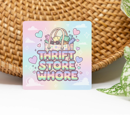 Thrift Store Wh*re Glittered 3x3 Flat Fridge Magnet, Locker Magnet