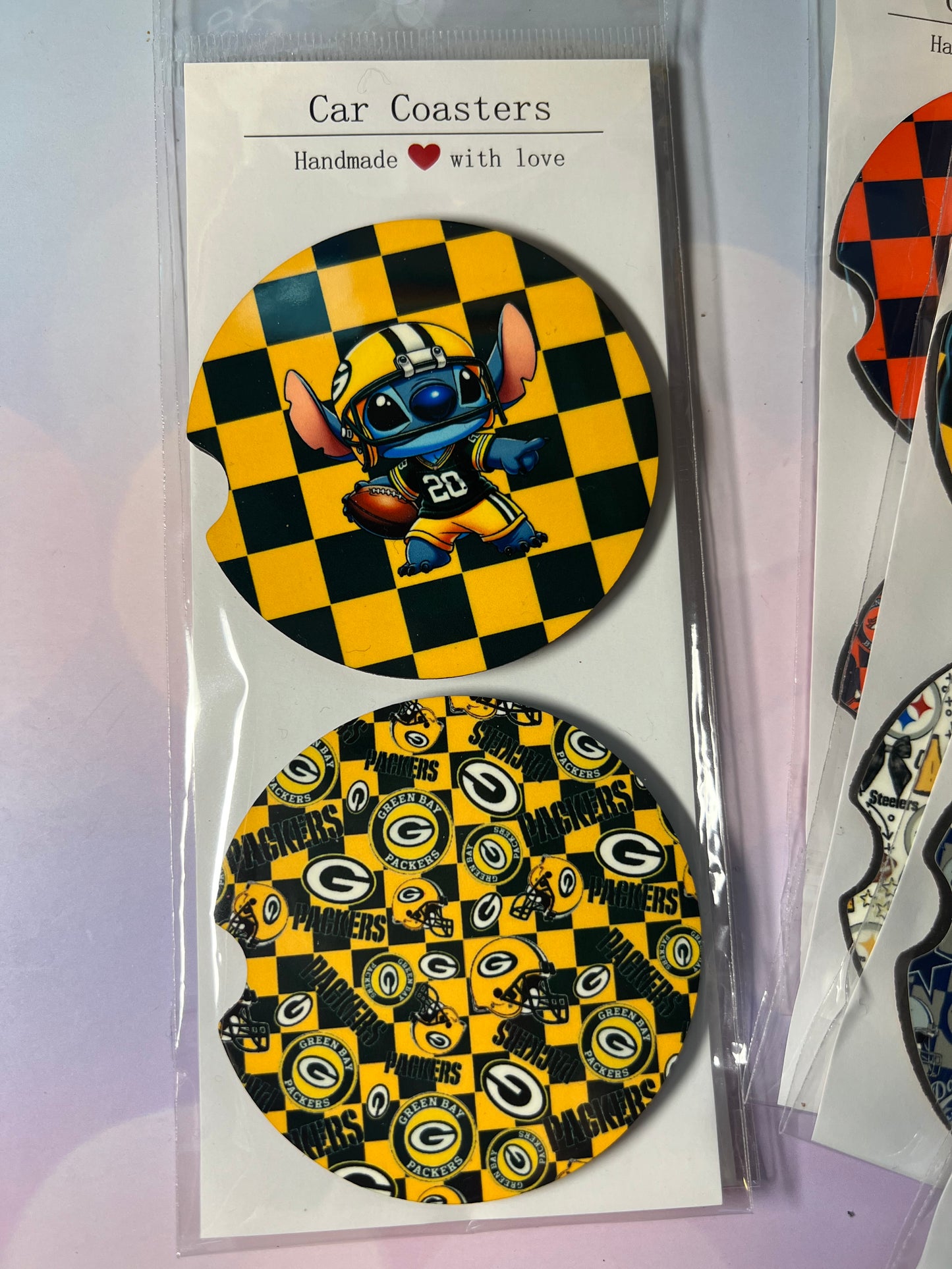 Stitch-Inspired NFL Car Coasters – Absorbent Wood, Universal Fit, All Teams Available
