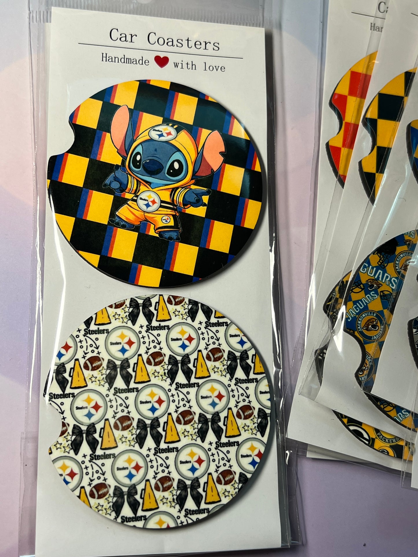 Stitch-Inspired NFL Car Coasters – Absorbent Wood, Universal Fit, All Teams Available
