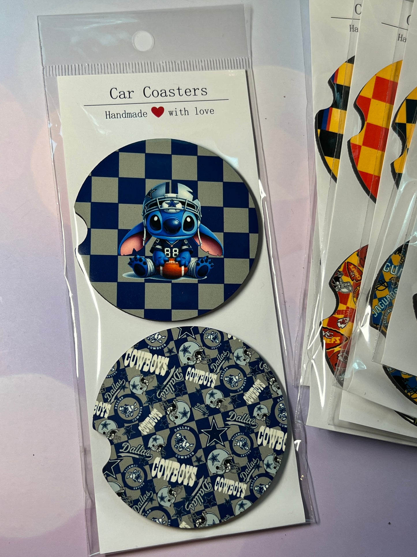 Stitch-Inspired NFL Car Coasters – Absorbent Wood, Universal Fit, All Teams Available