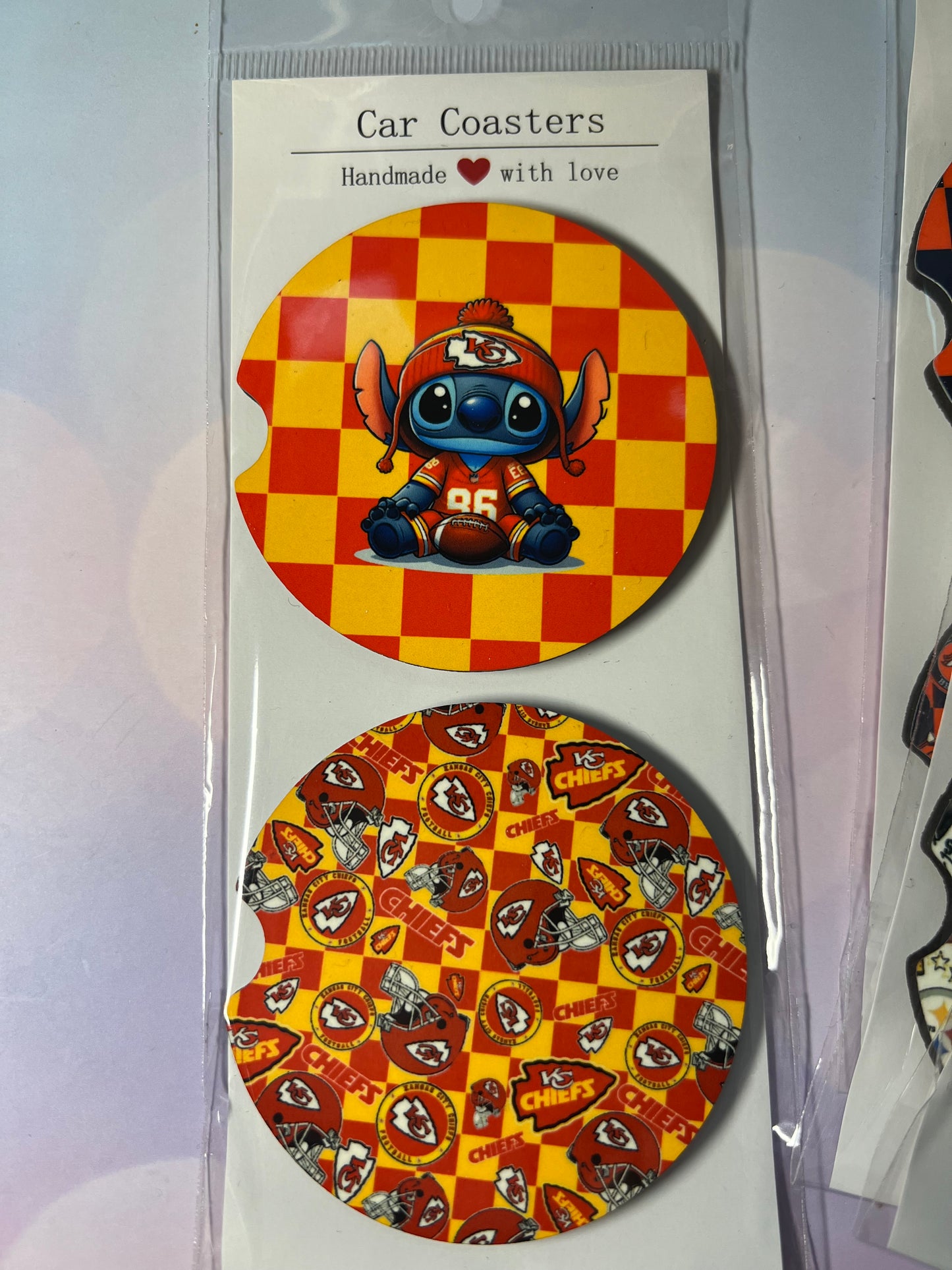 Stitch-Inspired NFL Car Coasters – Absorbent Wood, Universal Fit, All Teams Available