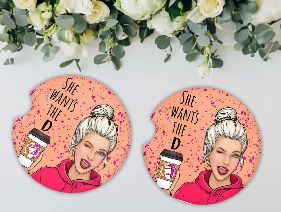 She Wants The D! Girly Car Coasters – Cute & Absorbent MDF Wood – Universal Fit for Stylish Rides