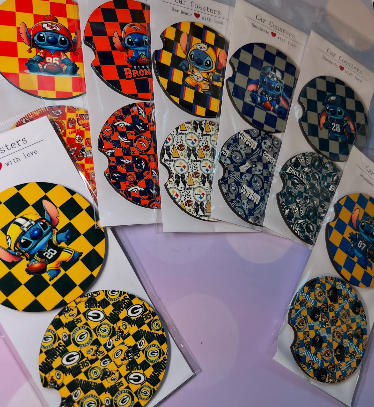 Stitch-Inspired NFL Car Coasters – Absorbent Wood, Universal Fit, All Teams Available