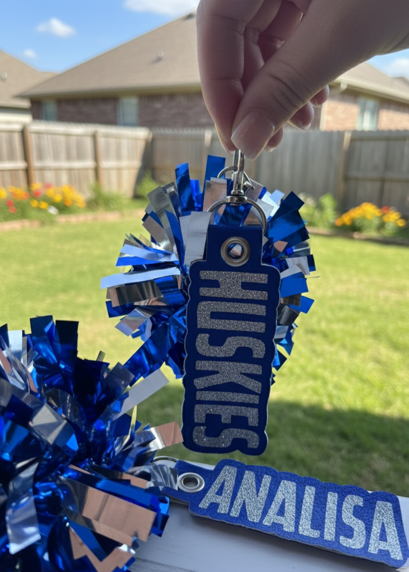 Custom Faux Leather Keychain with Matching 4 inch Cheer Pom Pom (40 color combos available!) – The Perfect Personalized Holiday/Christmas Gift!