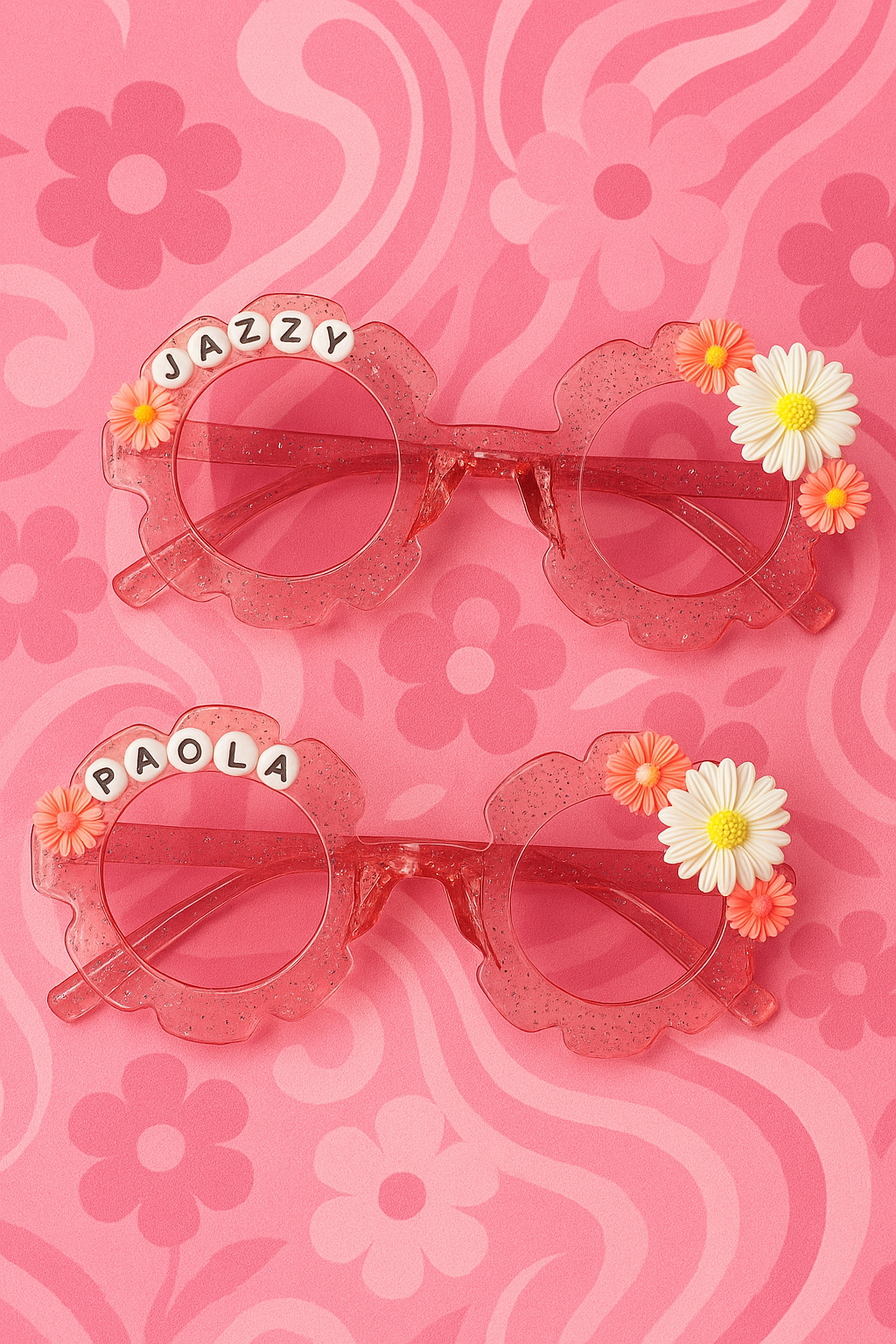 Customized Pink Oopsie Daisies Pink Glitter Sunnies Sunglasses