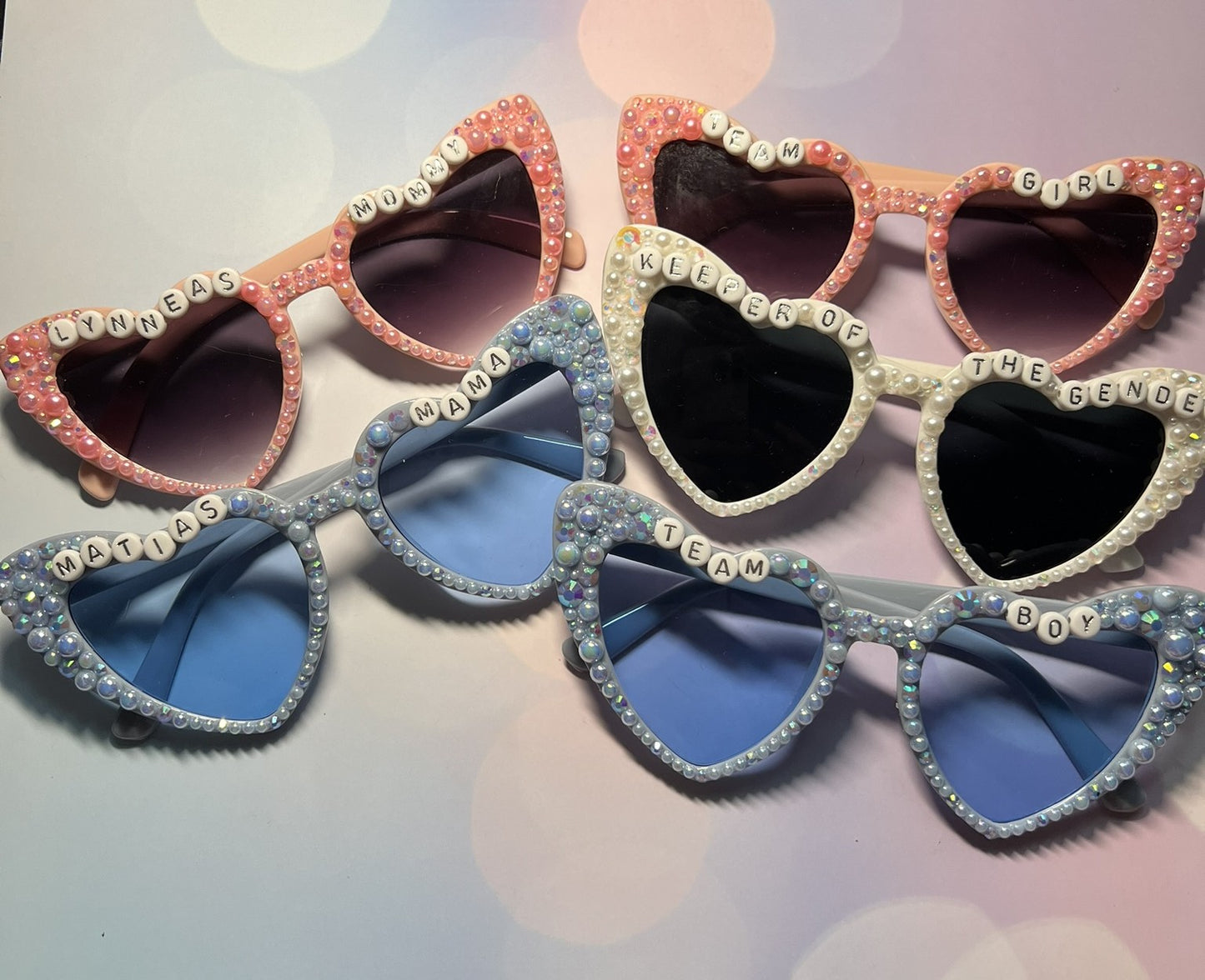 Customized Baby Shower Gender Reveal Heart Sunglasses Rhinestone, Baby Sunglasses, Pearl Sunglasses Mama , Mommy Accessories,(Free Gift Box)