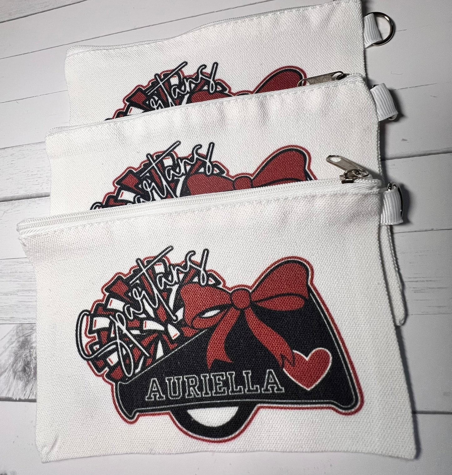 Megaphone Bow Style Mascot Name Personalized Sublimated Canvas Pouch, Cheer, Football, Basketball