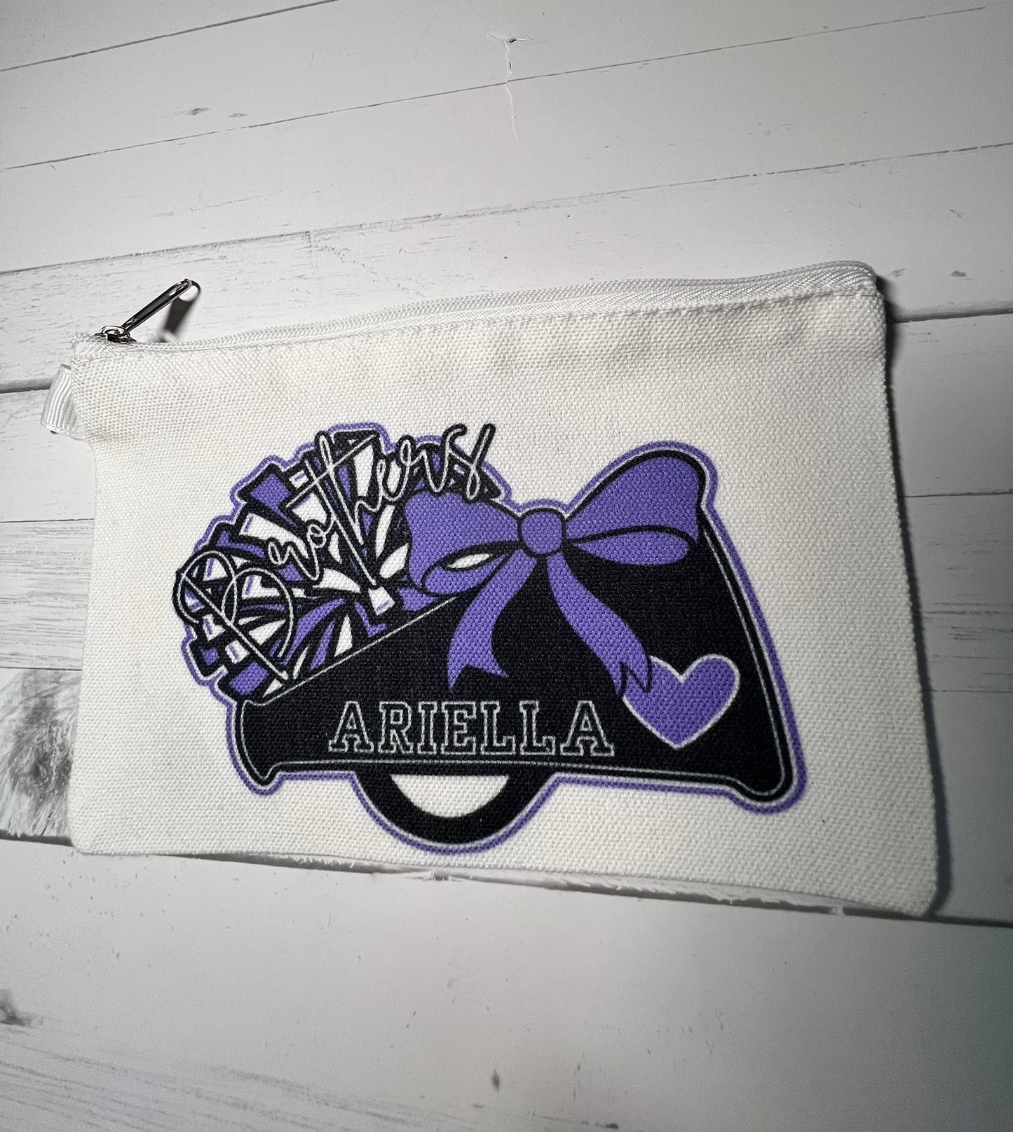 Megaphone Bow Style Mascot Name Personalized Sublimated Canvas Pouch, Cheer, Football, Basketball