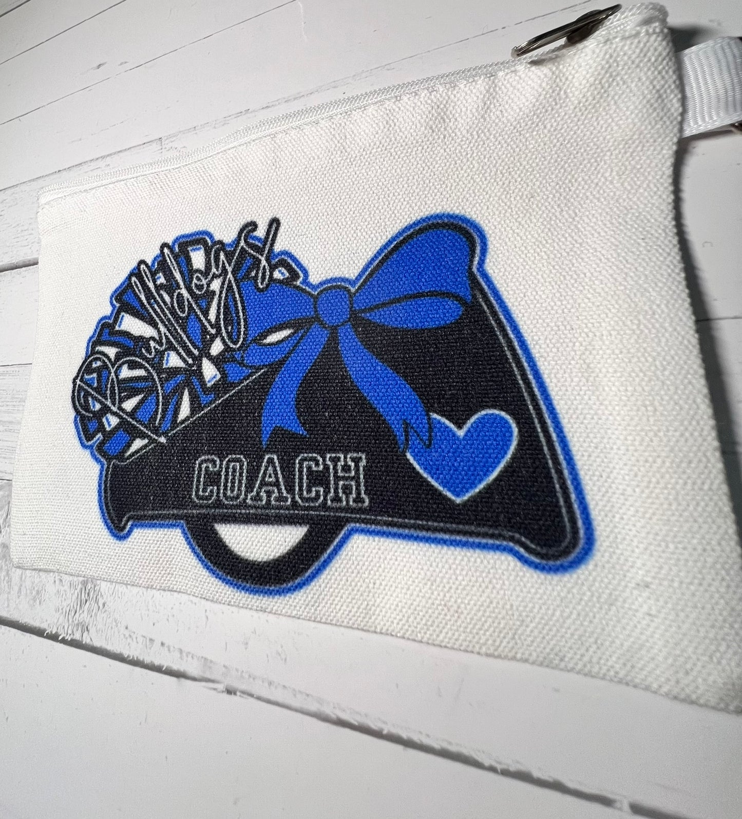 Megaphone Bow Style Mascot Name Personalized Sublimated Canvas Pouch, Cheer, Football, Basketball