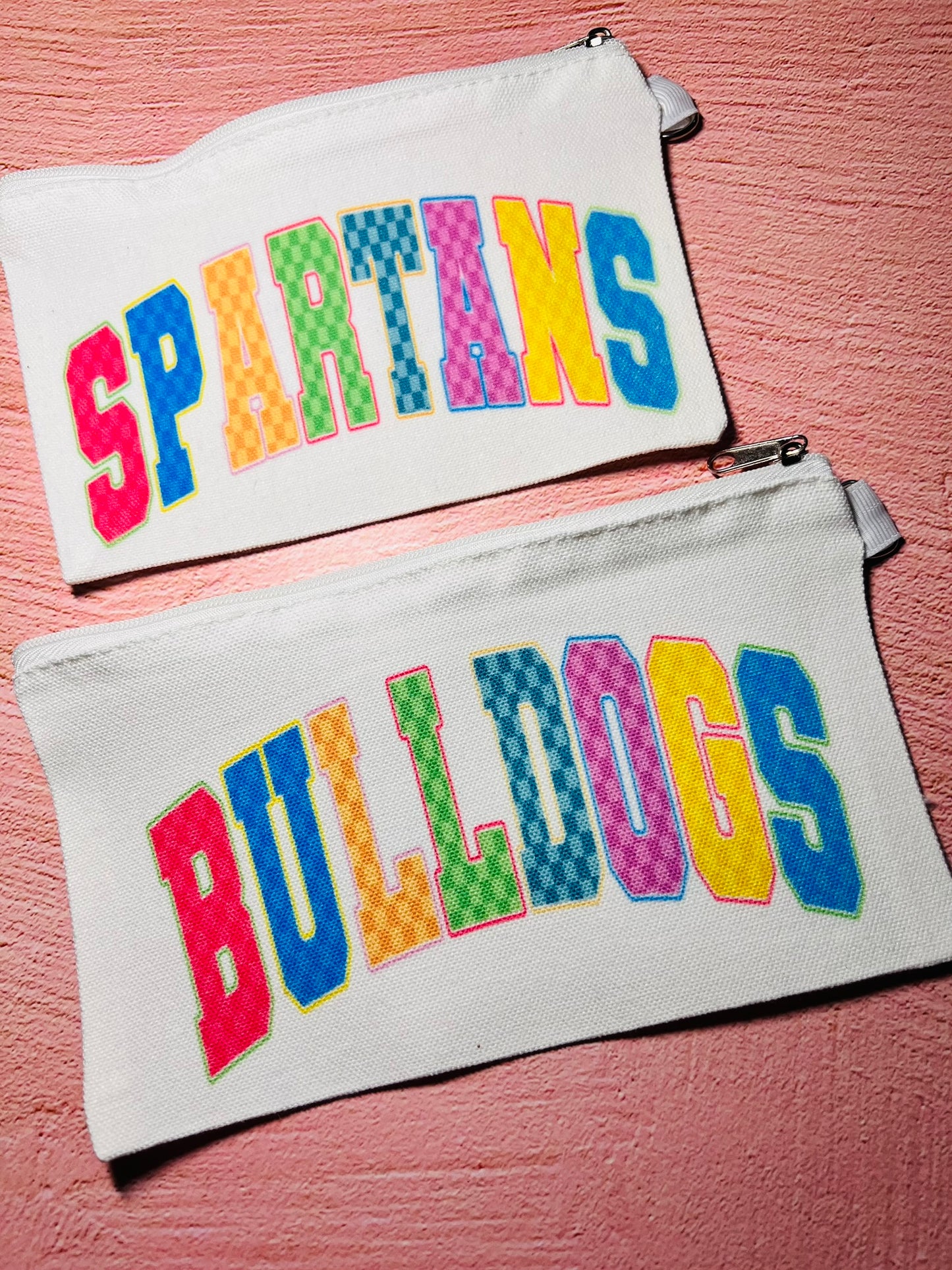 Neon Varsity Style Mascot Name, Sublimated Canvas Pouch, Cheer, Football, Basketball