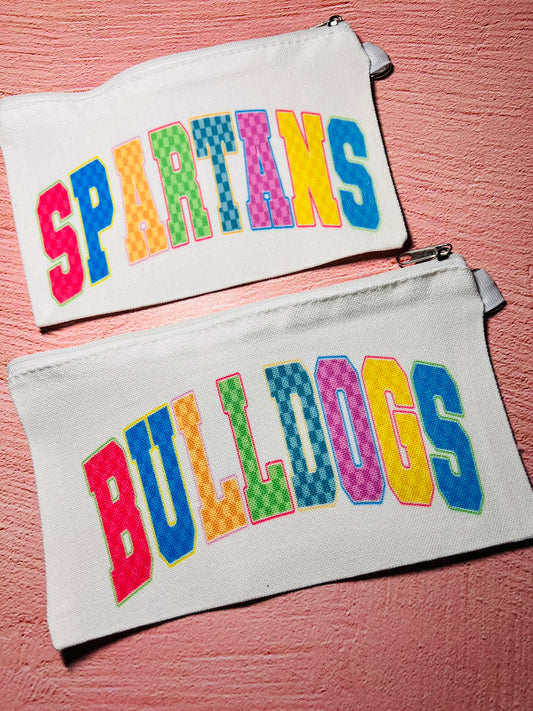 Neon Varsity Style Mascot Name, Sublimated Canvas Pouch, Cheer, Football, Basketball
