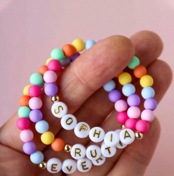 Personalized Candy-Colored Bauble Bracelet with Gold Lettering-Perfect Holiday/Christmas Gift!